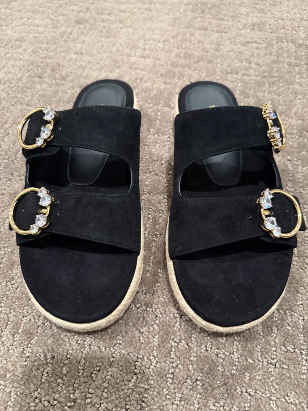 Stuart Weitzman Espadrille Suede Slide Sandals with Decorative Gold Buckles